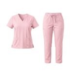 Pink nurse dress, front product view on plain background.