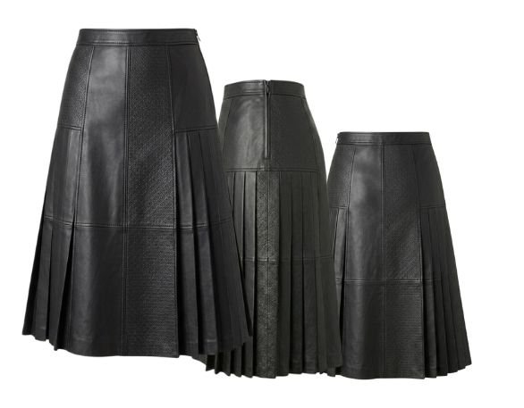 Pleated custom leather skirt with leather panels.