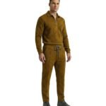 Dark olive men’s polo tracksuit laid out in a clean studio view.