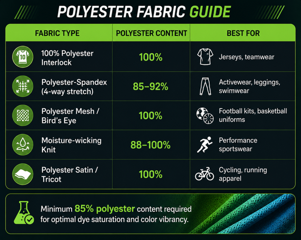 Polyester fabric guide infographic at Eco Jersey showing various fabric types: 100% polyester interlock for jerseys and teamwear, polyester-spandex for activewear and leggings, and moisture-wicking mesh for performance sportswear with content percentages and best-use recommendations