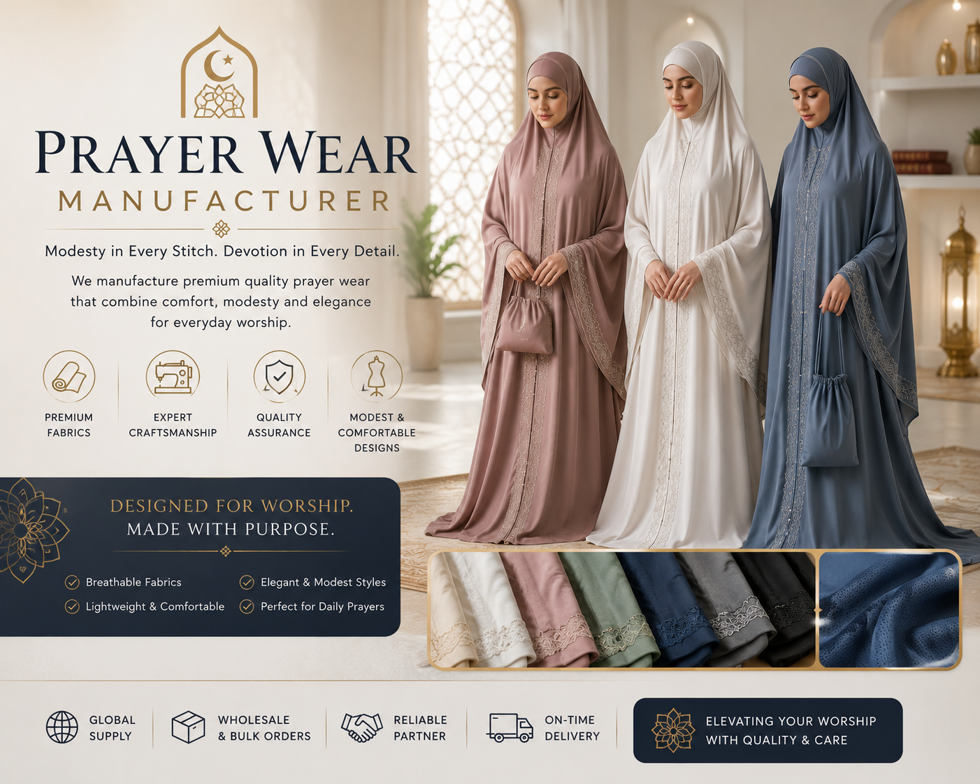 Custom prayer wear manufacturer infographic showing Islamic modest prayer garments for wholesale B2B orders, manufactured by Eco Jersey Limited