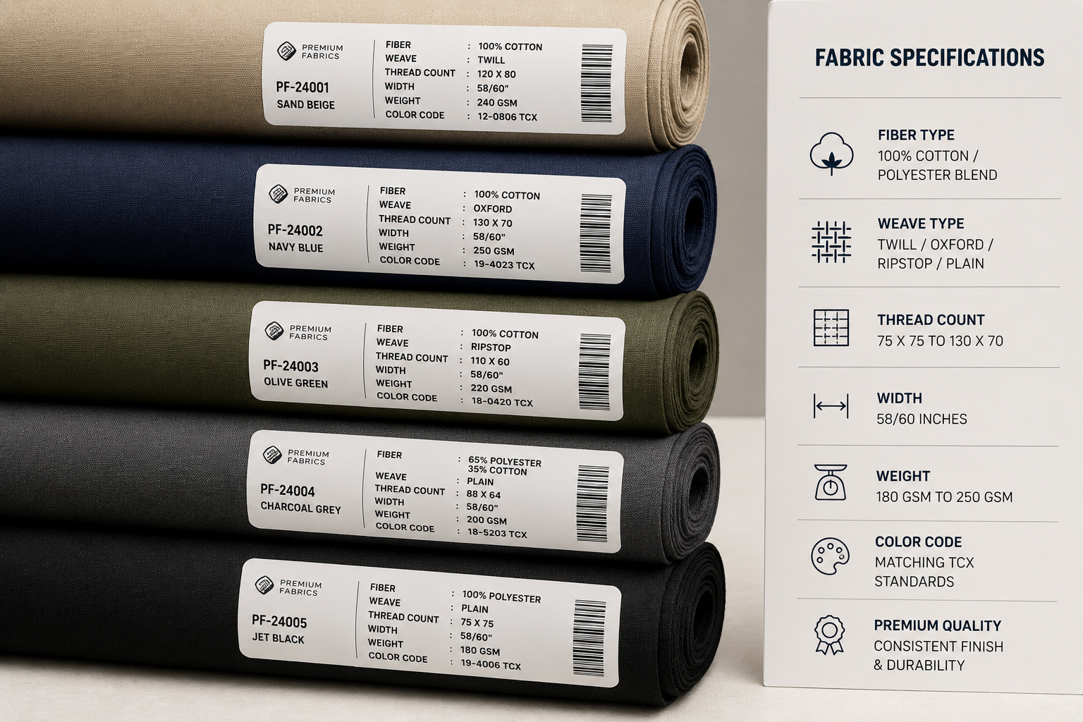 Premium fabric rolls with specification display showing GSM, thread count, weave type and color codes for fabric sourcing