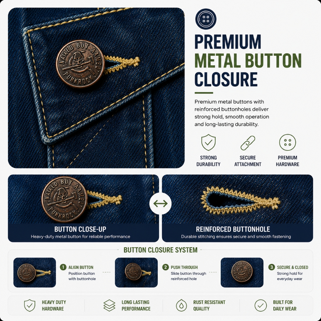 Premium metal button closure detail collage for a custom denim vest, showing close-up of branded coin metal button, reinforced buttonhole, and three-step button closure system (align, push through, secure and closed), with feature highlights including strong durability, secure attachment, premium hardware, heavy duty hardware, long lasting performance, rust resistant quality, and built for daily wear