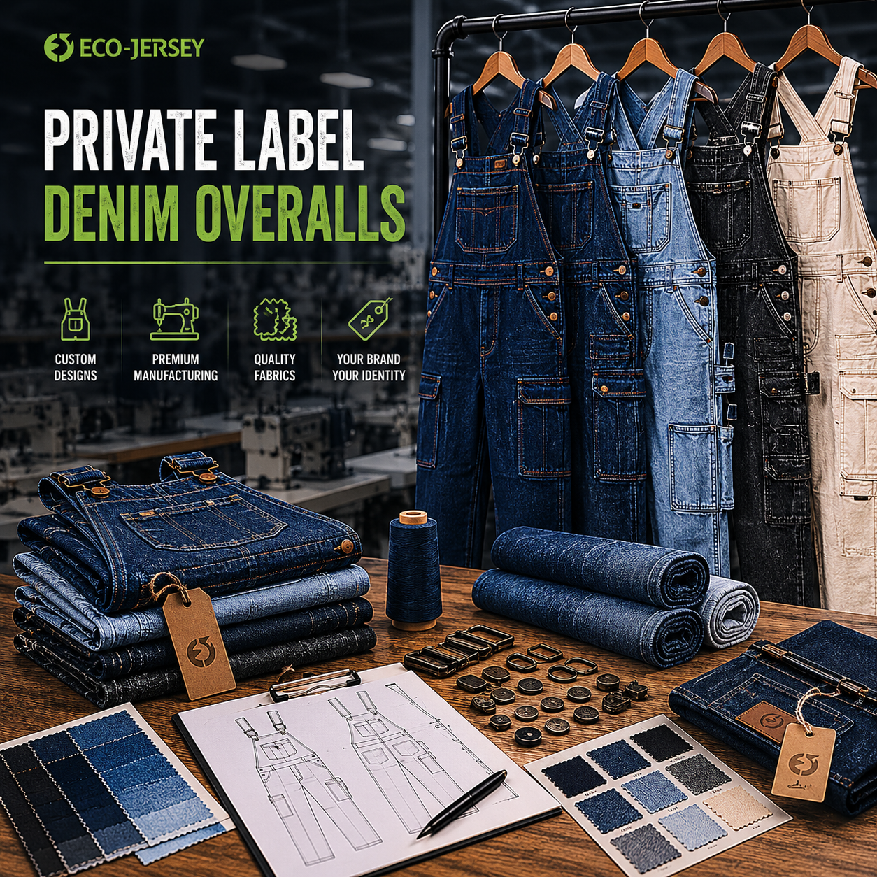 Private label denim overalls manufacturing infographic showcasing custom bib overalls with adjustable straps for private label brands, by Eco Jersey Limited