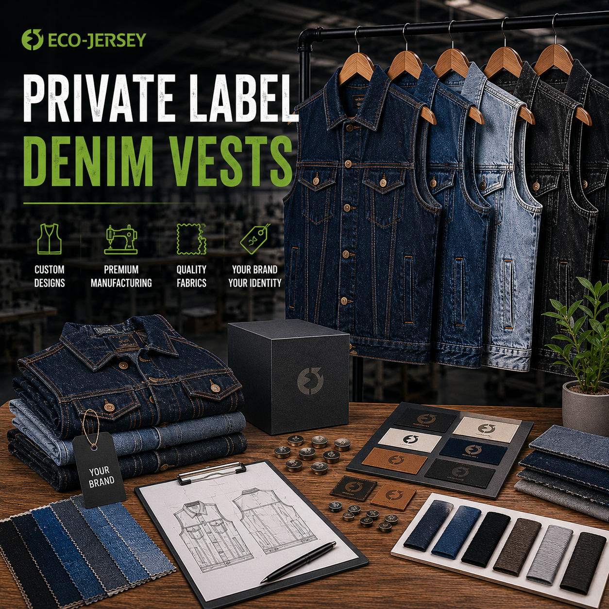 Private label denim vests manufacturing infographic showcasing custom sleeveless denim waistcoat styles for private label brands, by Eco Jersey Limited