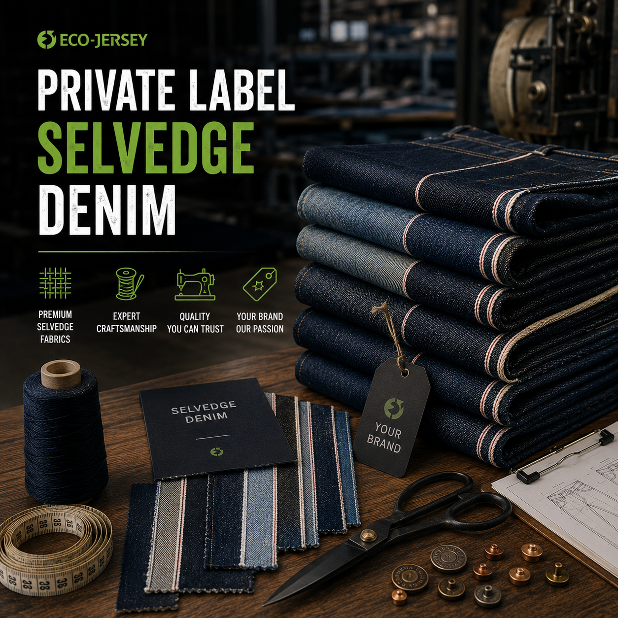 Private label selvedge denim infographic showcasing premium tightly woven denim for custom private label brand manufacturing by Eco Jersey Limited