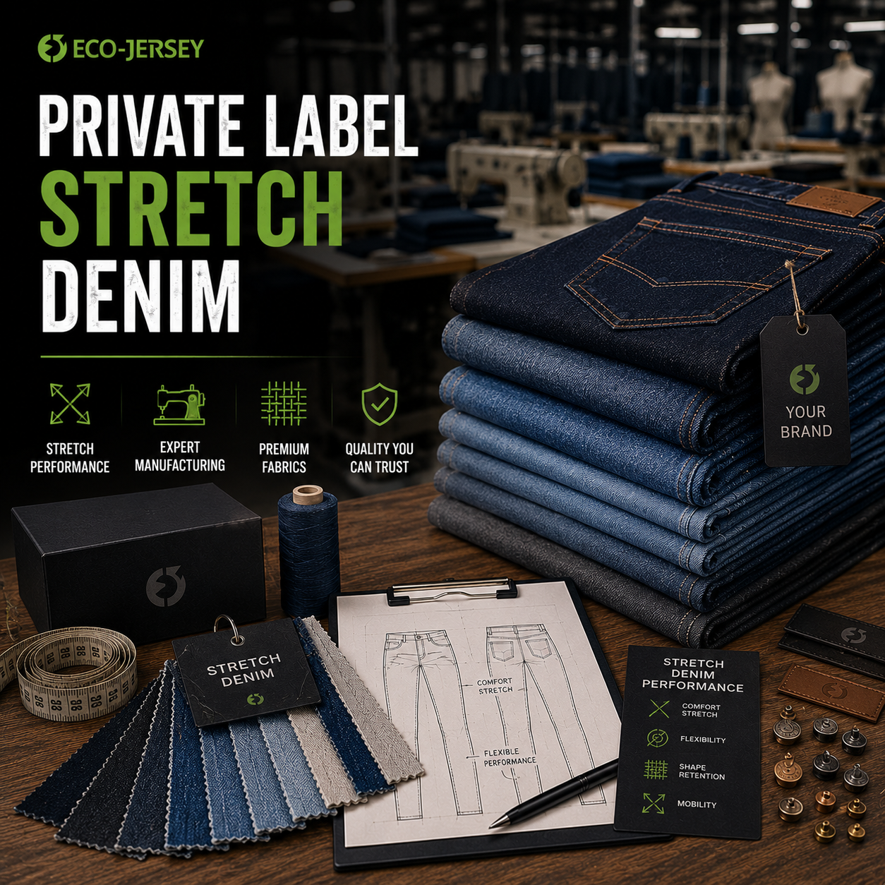 Private label stretch denim infographic showcasing Eco Jersey Limited's custom stretch denim manufacturing for private label brands