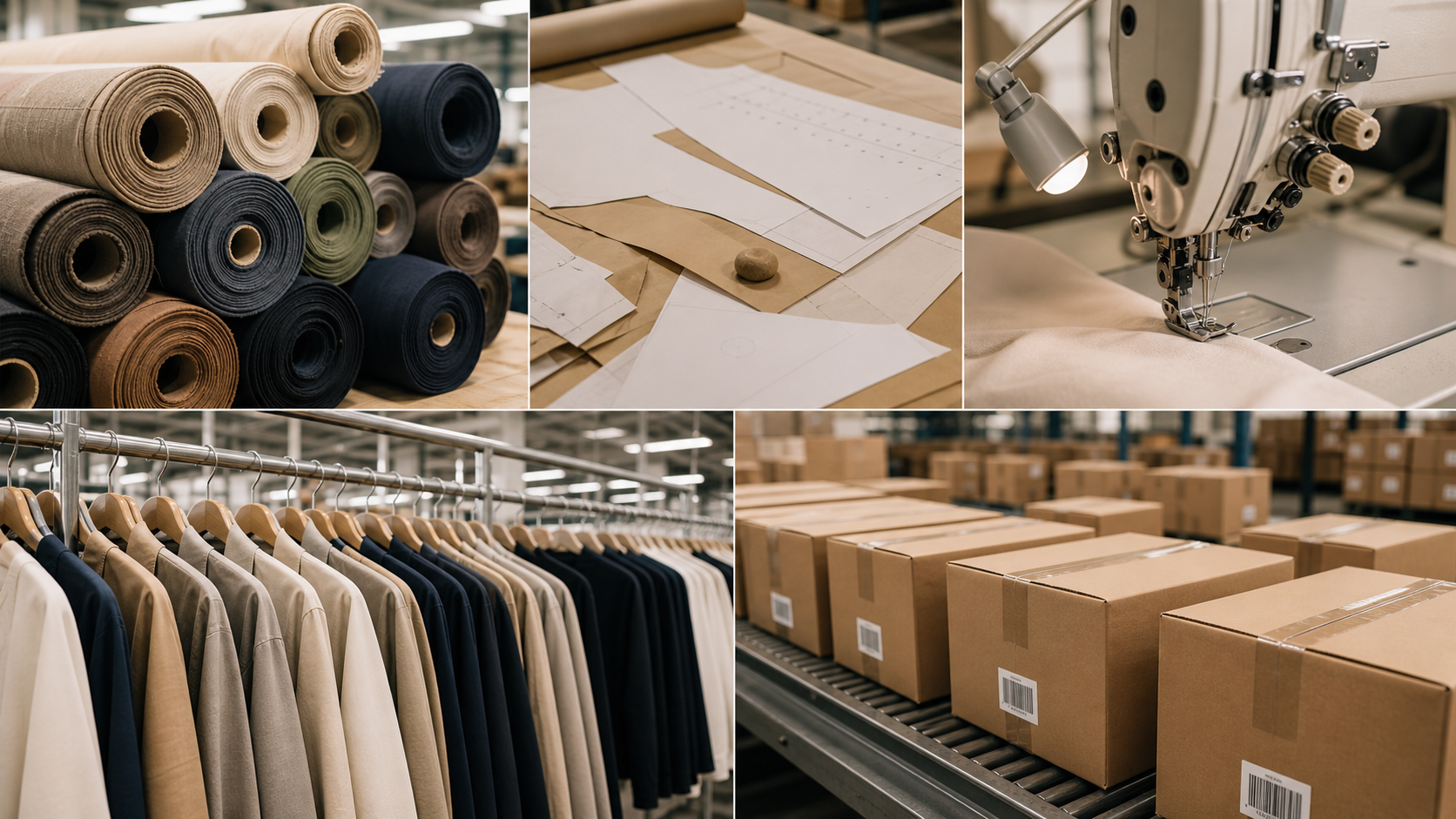 Private label manufacturing services by Eco Jersey showing fabric rolls, pattern making, industrial sewing, finished garments on racks, and packaged shipping boxes for bulk orders