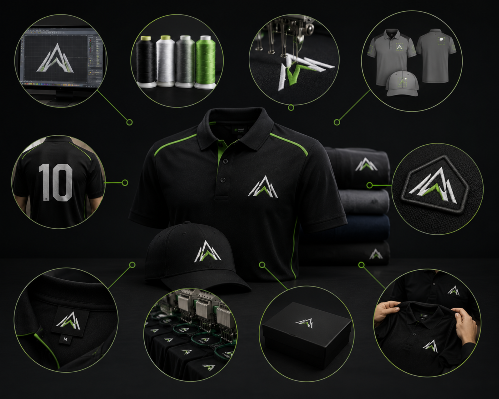 Product customization process infographic at Eco Jersey showing embroidery digitizing, thread selection, embroidery in progress, and finished branded apparel including polo shirts, hats, and patches with custom logos