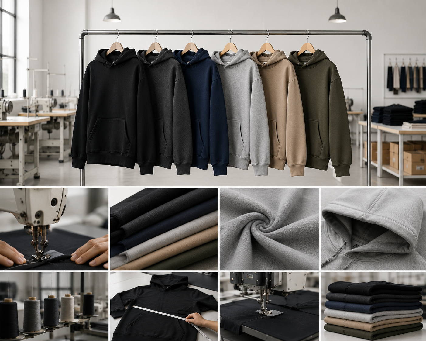 Custom pullover hoodie production line at Eco Jersey Limited's manufacturing facility for B2B wholesale orders
