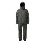 Custom charcoal grey rainwear suit with hooded jacket and cargo trousers on white background