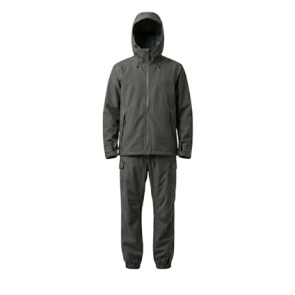 Custom charcoal grey rainwear suit with hooded jacket and cargo trousers on white background