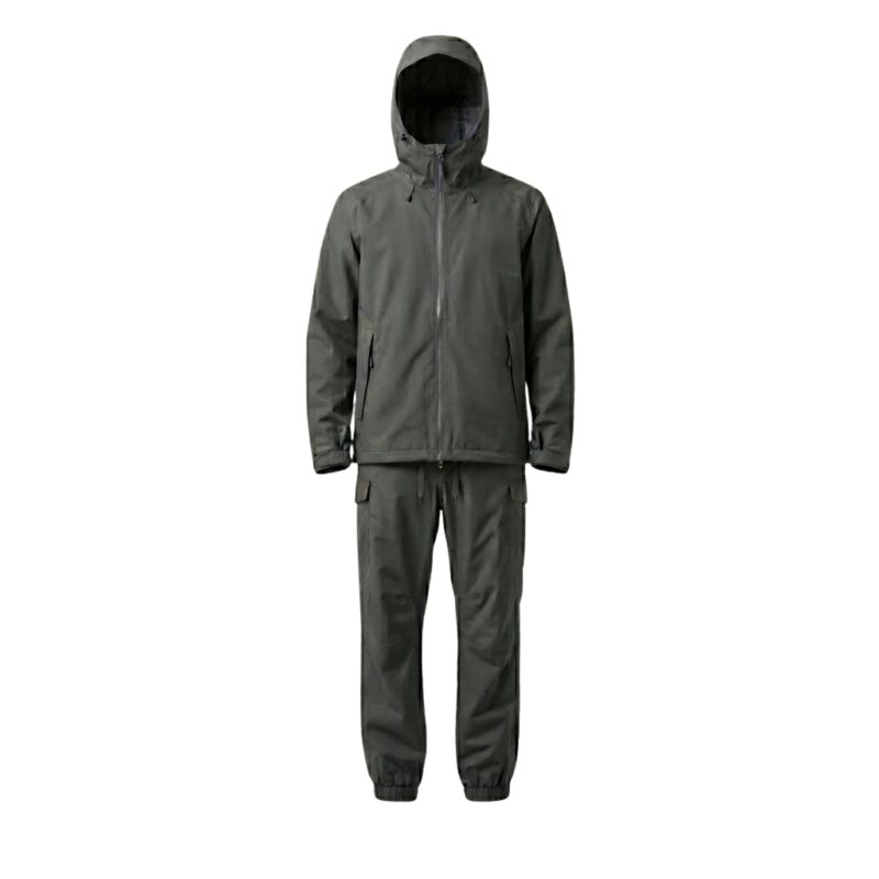 Custom charcoal grey rainwear suit with hooded jacket and cargo trousers on white background