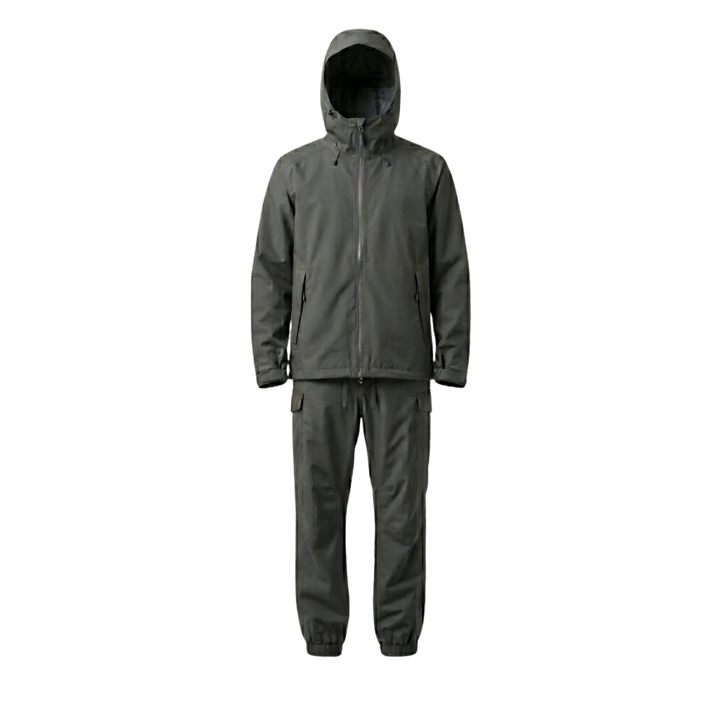 Rainwear- Custom charcoal grey rainwear suit with hooded jacket and cargo trousers on white background
