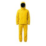Custom bright golden yellow rainwear suit with hooded jacket and cargo trousers on white background