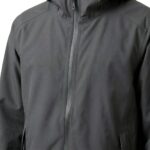 Charcoal grey rainwear jacket close-up showing zipper and chest pocket detail – custom waterproof jacket fabric