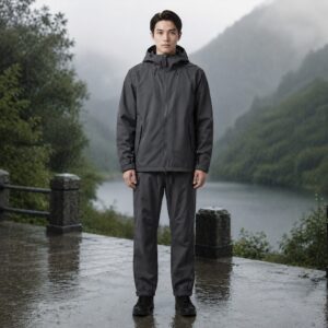 Man wearing charcoal grey custom rainwear jacket and trousers in rainy mountain setting – waterproof outdoor apparel