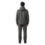 Male model wearing custom charcoal grey rainwear hooded jacket and trousers back view – waterproof outdoor apparel
