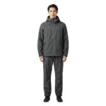 Male model wearing custom charcoal grey rainwear jacket and trousers front view – waterproof outdoor apparel