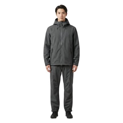 Male model wearing custom charcoal grey rainwear jacket and trousers front view – waterproof outdoor apparel