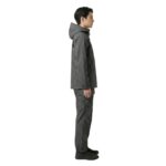 Male model wearing custom charcoal grey rainwear jacket and trousers side view – waterproof outdoor apparel