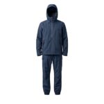 Custom muted steel blue rainwear suit with hooded jacket and cargo trousers on white background