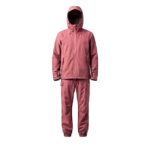Custom soft blush pink rainwear suit with hooded jacket and cargo trousers on white background