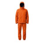 Custom vivid burnt orange rainwear suit with hooded jacket and cargo trousers on white background