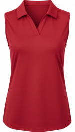 Front view of a red women’s sleeveless golf shirt laid flat, featuring a zip‑up neckline, stand collar, and athletic, tapered silhouette