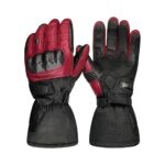 Red and black heated motorbike gloves displayed on a plain background, showing insulated design and protective detailing.