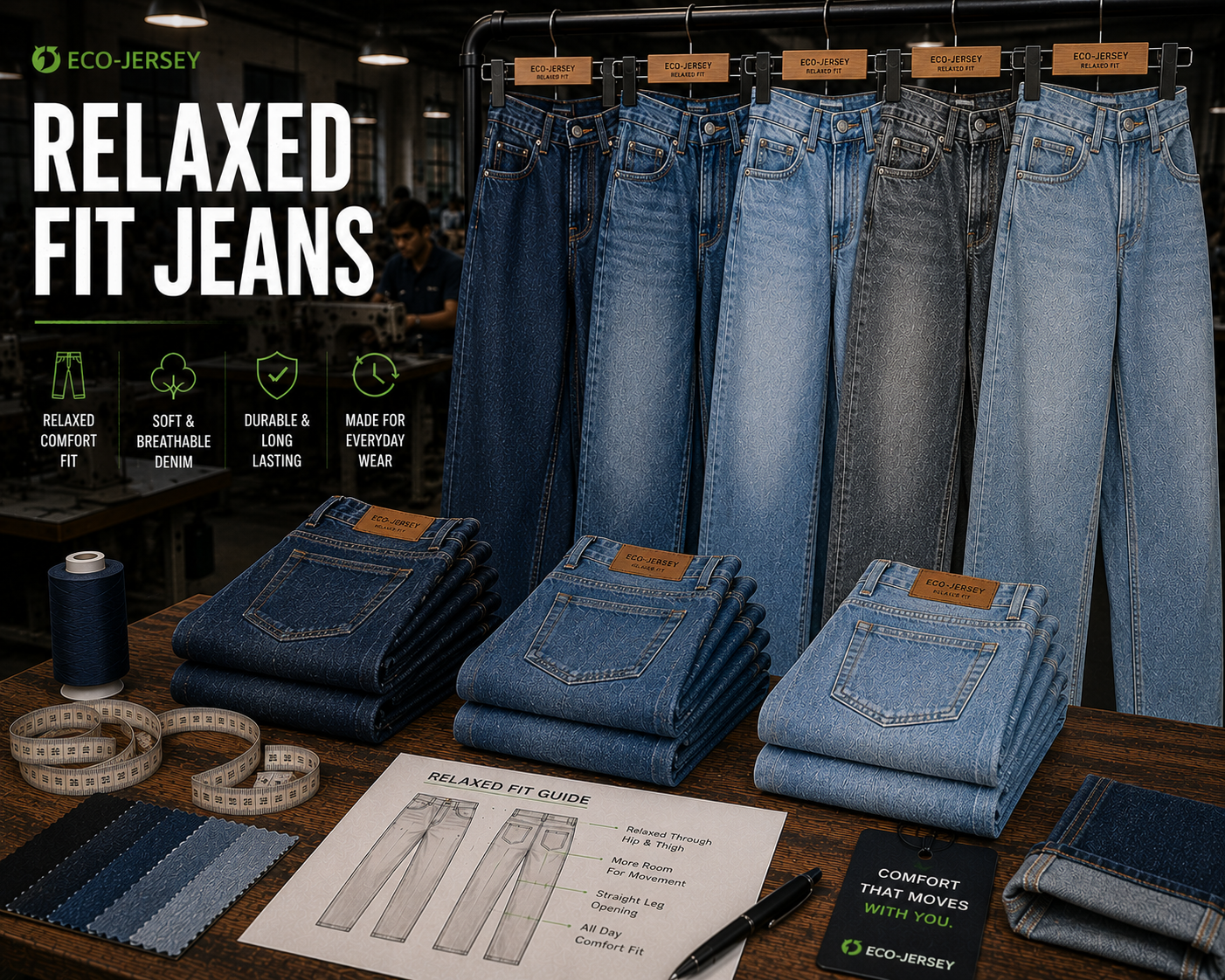 Custom relaxed fit denim jeans with comfortable loose-fit styling, manufactured by Eco Jersey Limited