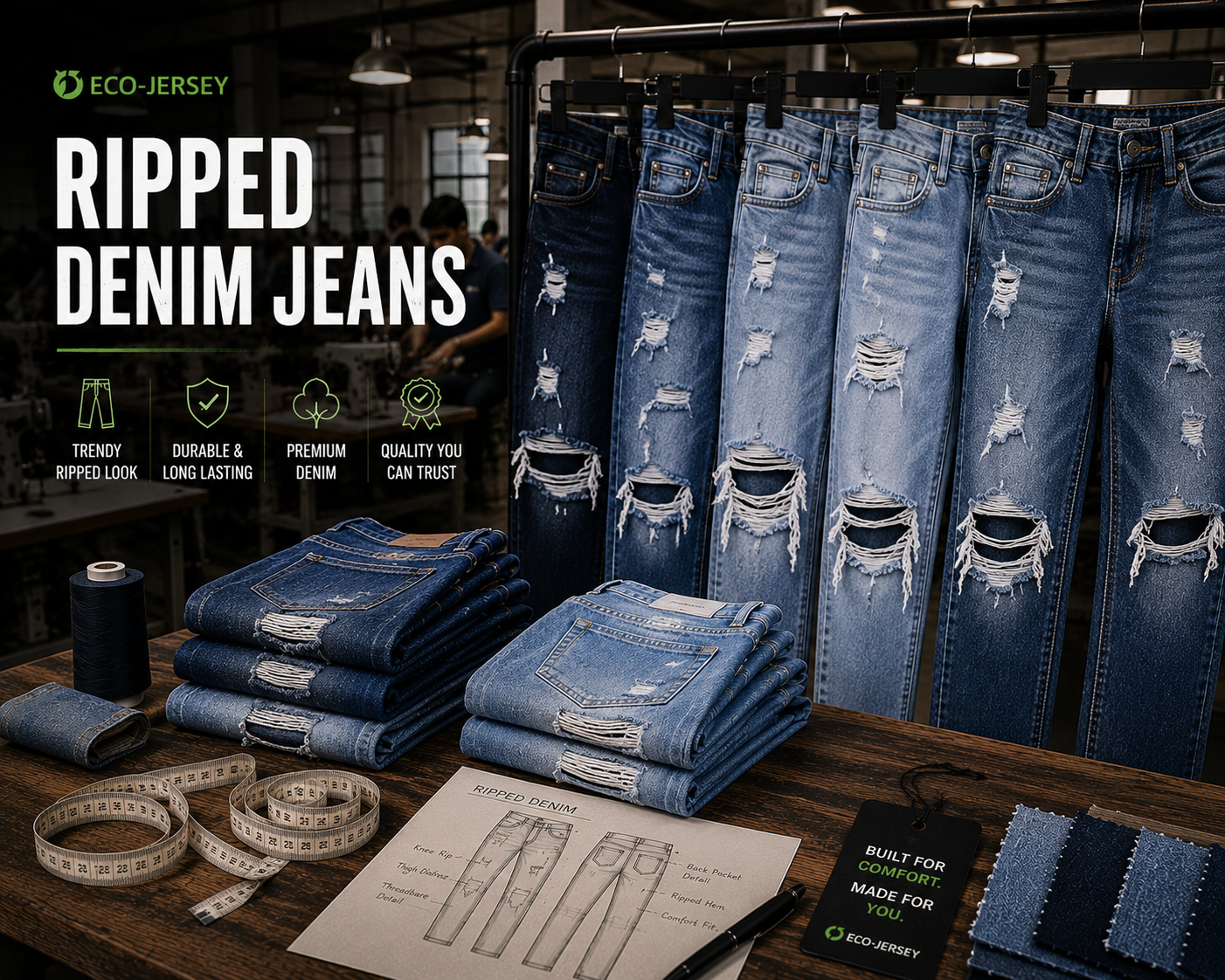 Custom ripped denim jeans with distressed details for trendy streetwear fashion, manufactured by Eco Jersey Limited