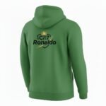 Back view of a Ronaldo fan pullover hoodie, showing the plain back panel, hood, and relaxed casual fit.
