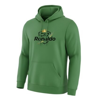 Full front view of a Ronaldo fan pullover hoodie, showing the front graphic logo, hood, kangaroo pocket, and relaxed casual fit.