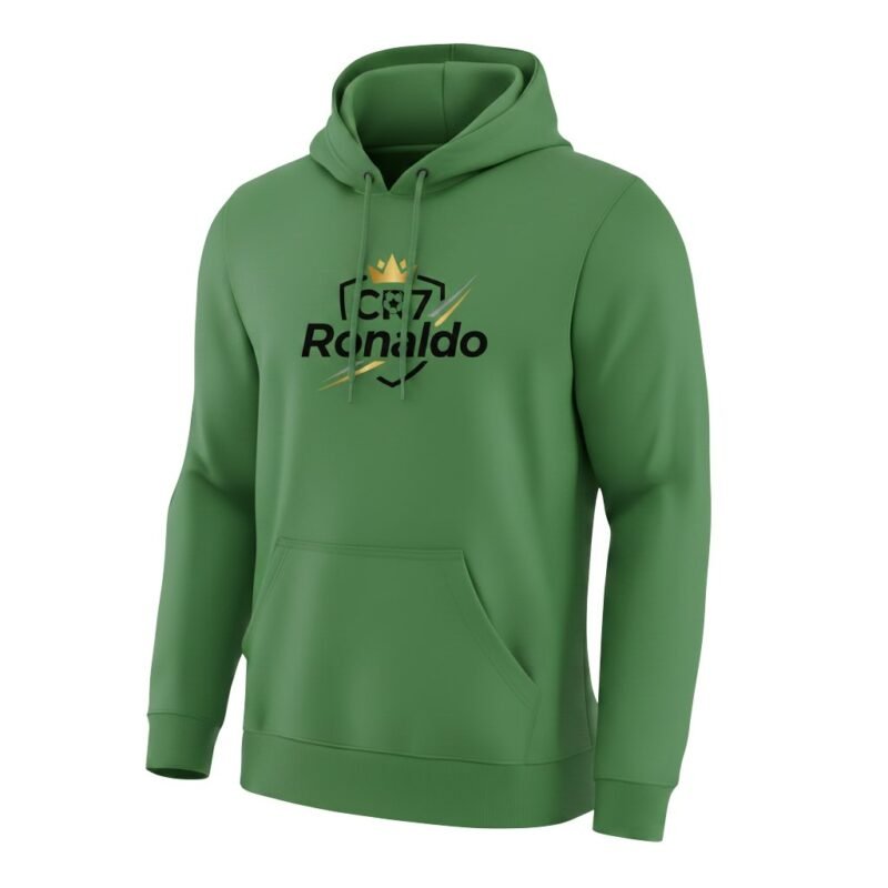 Full front view of a Ronaldo fan pullover hoodie, showing the front graphic logo, hood, kangaroo pocket, and relaxed casual fit.