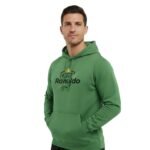Model wearing a Ronaldo fan pullover hoodie, standing in a relaxed pose to show the front graphic, hood, and casual fit