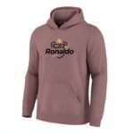 Ronaldo fan pullover hoodie in salmon pink, featuring a front graphic print, adjustable hood, and kangaroo pocket, shown flat from the front