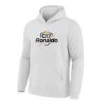 White Ronaldo fan pullover hoodie featuring a front graphic logo, adjustable hood, and kangaroo pocket, displayed flat in a front-facing view