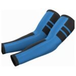 Rugby arm compression sleeves in ocean blue color showing stretch performance support design