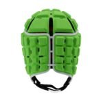 Back view of a black rugby headguard showing the padded panels, ventilation holes, and adjustable rear closure against a plain background.