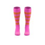 Bubblegum pink high-performance striped over-calf rugby socks, front view, showing full length and pattern.