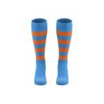 Deep sky blue high-performance striped over-calf rugby socks, front view, showing full length and pattern.