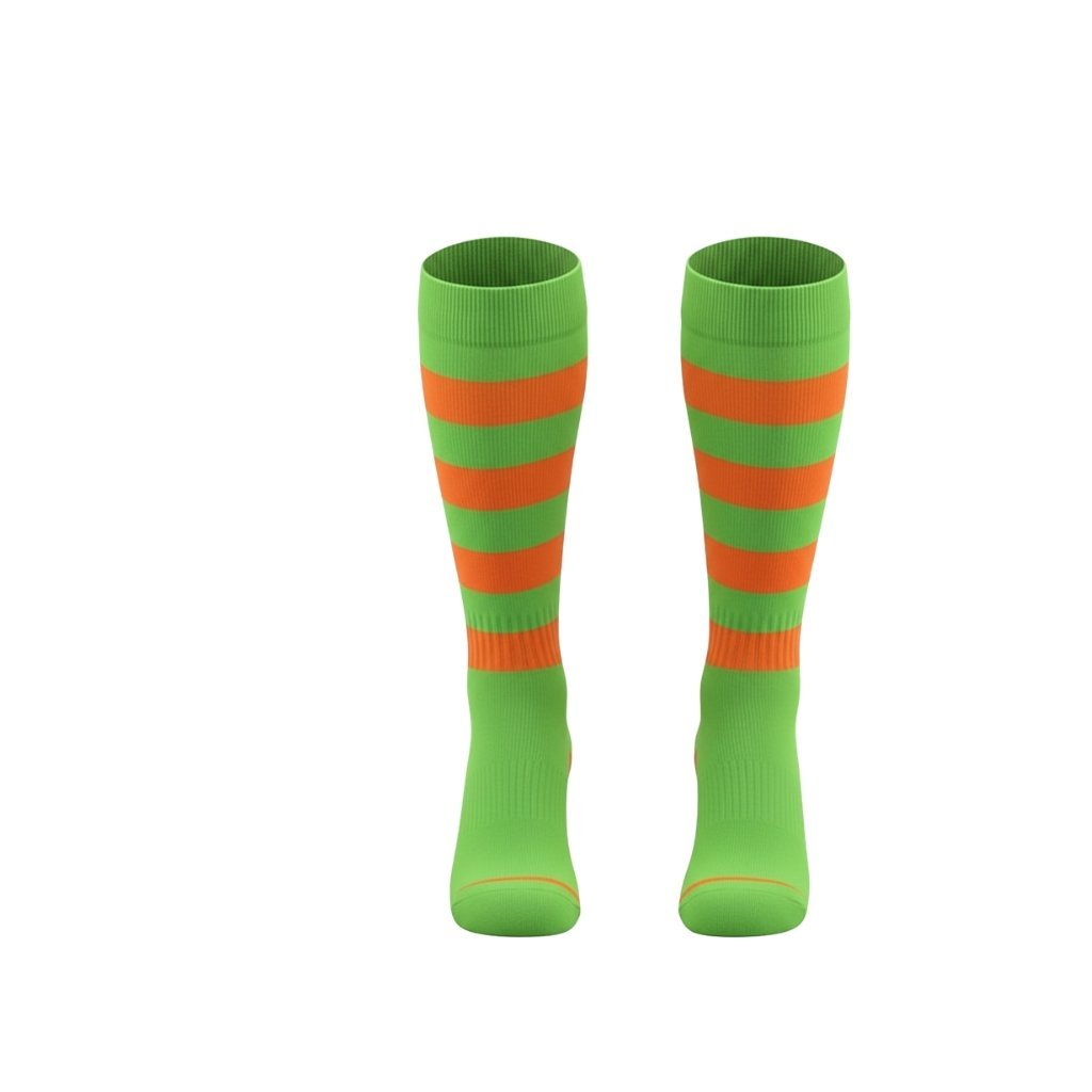 Rugby-socks-Full-front-view.jpg Front view of high-performance striped over-calf rugby socks, showing full length and pattern.