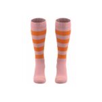 Light coral pink high-performance striped over-calf rugby socks, front view, showing full length and pattern.