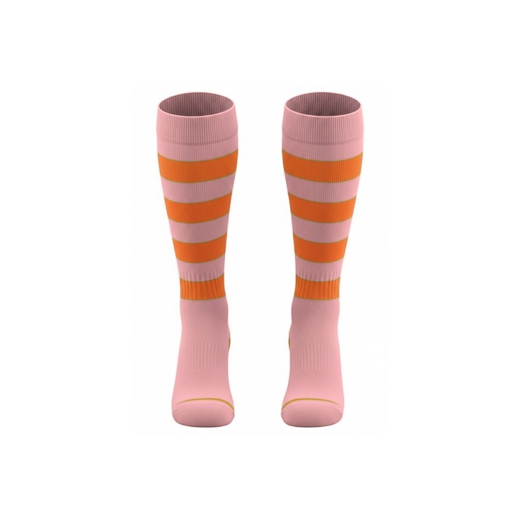 Light coral pink high-performance striped over-calf rugby socks, front view, showing full length and pattern.