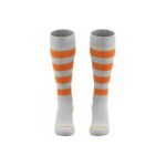 Light gray high-performance striped over-calf rugby socks, front view, showing full length and pattern.