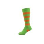 Side view of high-performance striped over-calf rugby socks, showing full length and fit on leg.