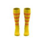 Sunny yellow high-performance striped over-calf rugby socks, front view, showing full length and pattern.