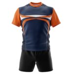 Front view of a rugby team uniform on a mannequin, showing the short-sleeve jersey with patterned chest panel and matching shorts against a plain background.