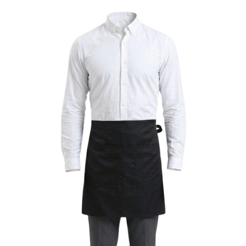 Front view of a white shirt and black waist apron server uniform laid out on a flat surface.